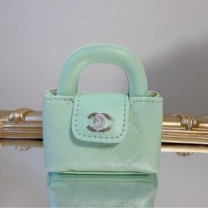 Mini Mint Green Quilted Top Handle Bag Charm Mini Pouch Earbuds Bag